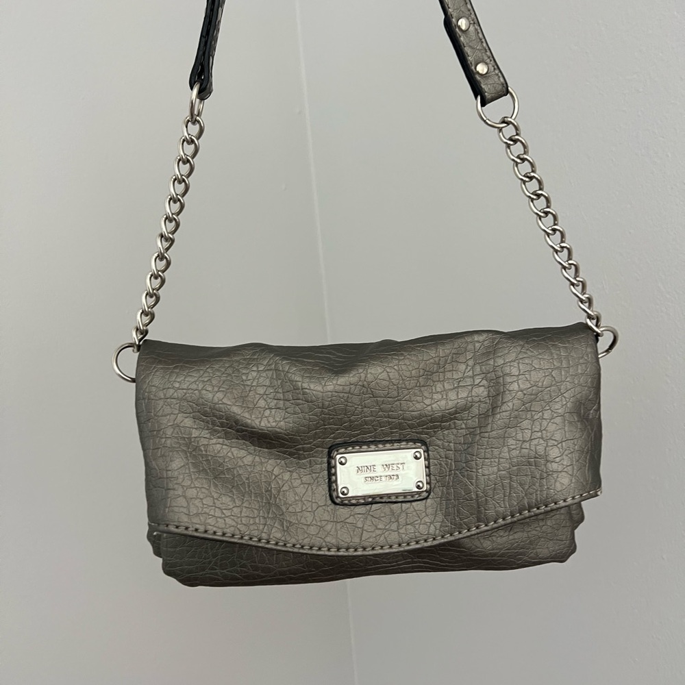Nine West Gunmetal Silver Clutch Wristlet Crossbody Bag with Chain Strap